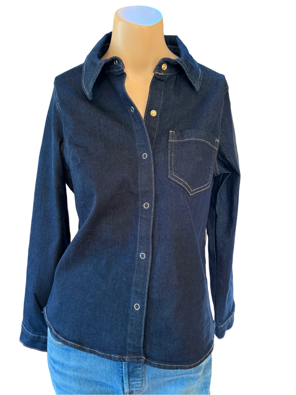 Nicole Miller New York NWT Dark Wash Stretch Denim Gold Snap Shirt
